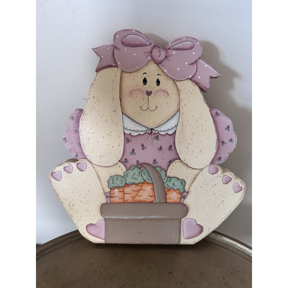 Granny Core Cottage Vintage 90s 80s Rabbit Painted Wood Grandma Craft  Bunny